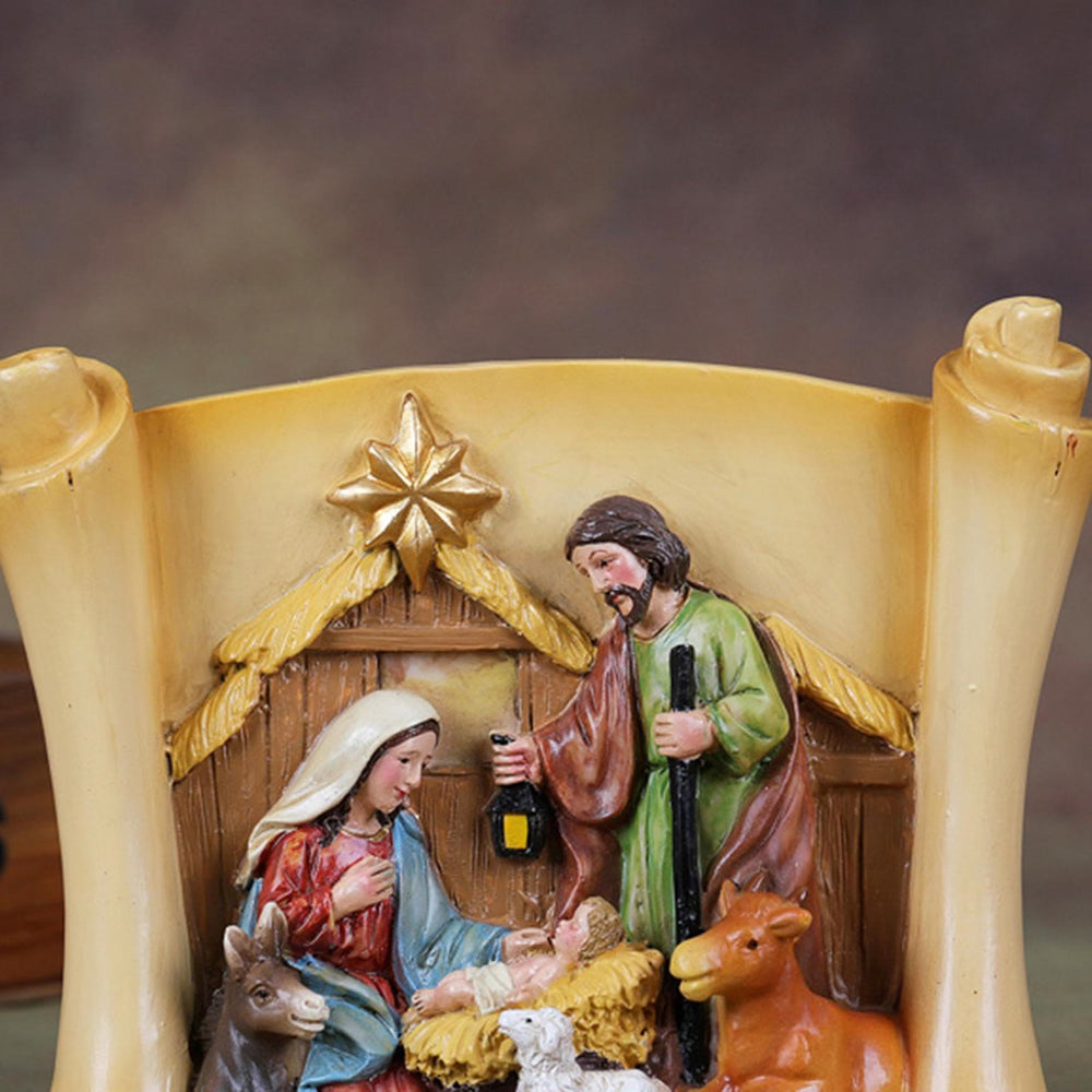 Christianartworkshop Klassischer Stil, buntes Schriftrollen-Design, Weihnachtskrippe der Heiligen Familie, Desktop-Dekoration, Ornament - image 1