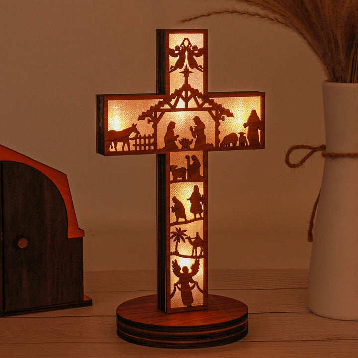 Christianartworkshop Klassischer Stil, Engel, Krippenszene, Kreuz, beleuchtet, Holz, Schreibtisch-Dekoration