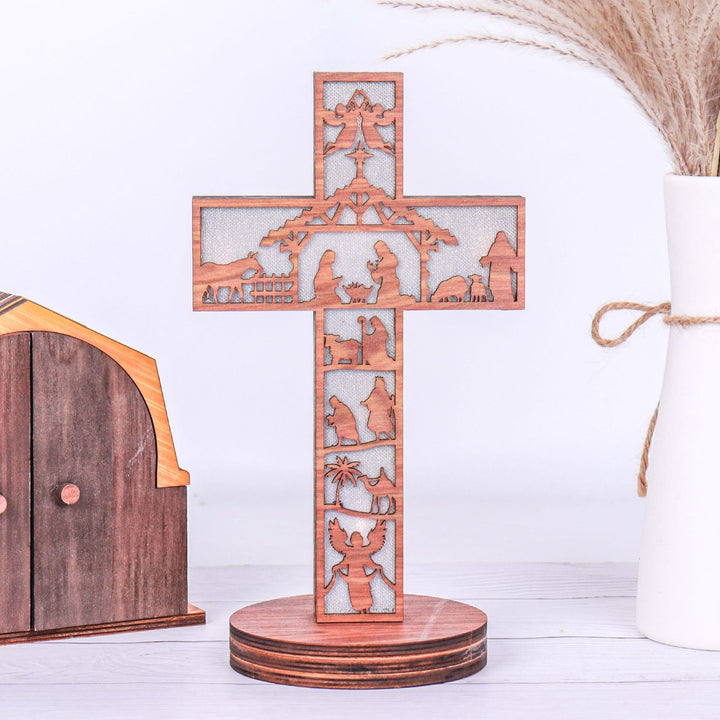 Christianartworkshop Klassischer Stil, Engel, Krippenszene, Kreuz, beleuchtet, Holz, Schreibtisch-Dekoration