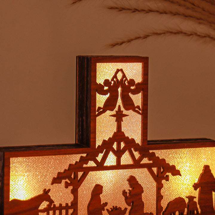 Christianartworkshop Klassischer Stil, Engel, Krippenszene, Kreuz, beleuchtet, Holz, Schreibtisch-Dekoration