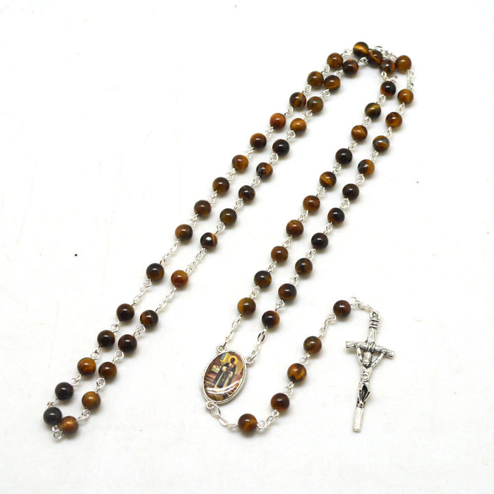 Christianartworkshop San Martin & Kruzifix aus 6 mm rundem braunem Tigerauge-Stein, Legierung