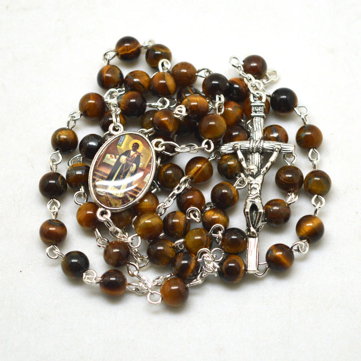 Christianartworkshop San Martin & Kruzifix aus 6 mm rundem braunem Tigerauge-Stein, Legierung