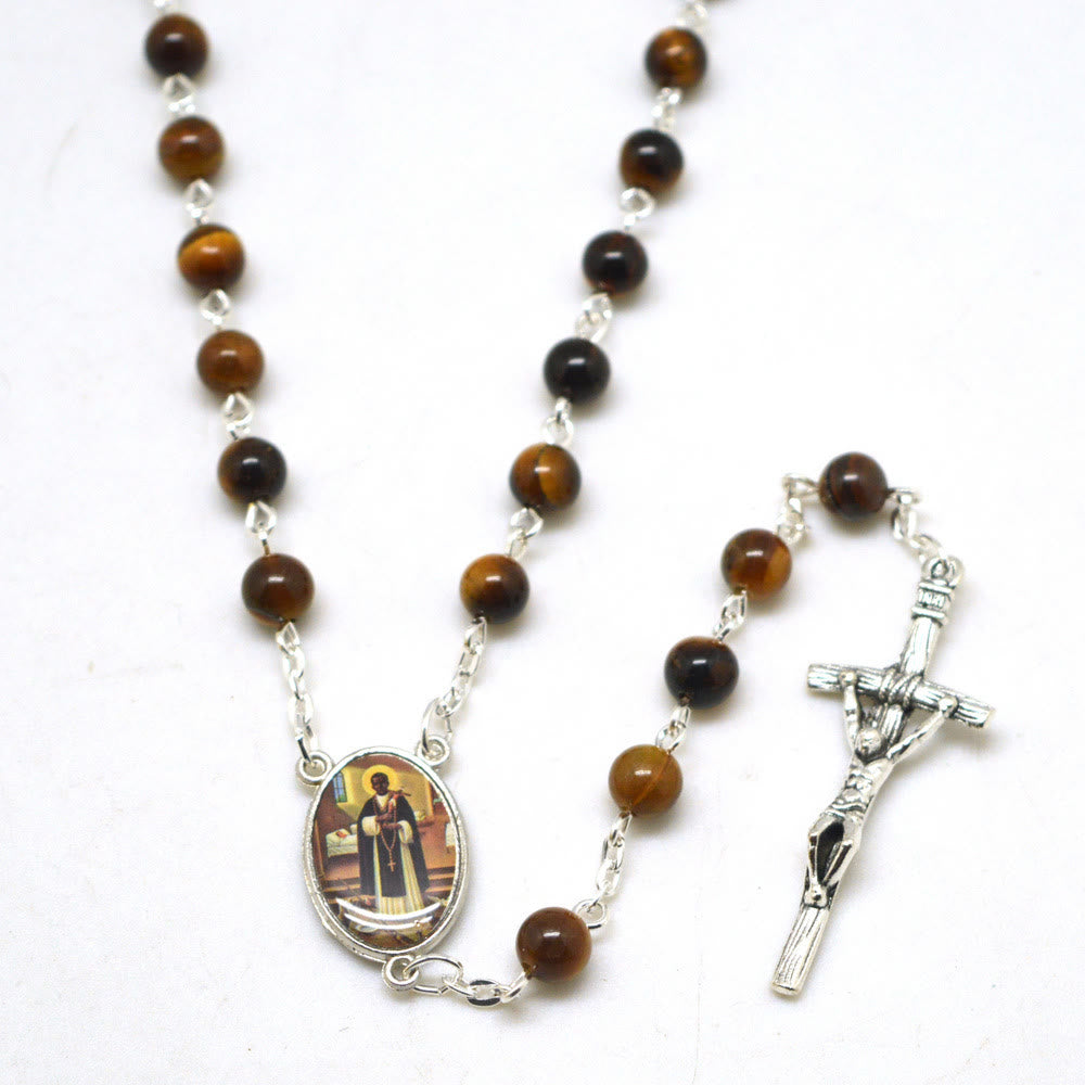 Christianartworkshop San Martin & Kruzifix aus 6 mm rundem braunem Tigerauge-Stein, Legierung