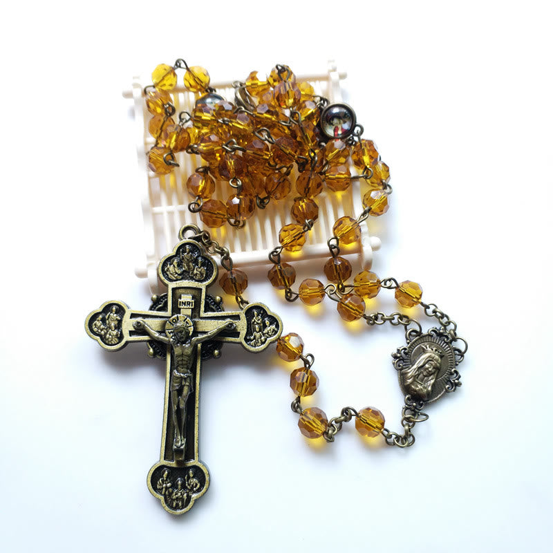 Christianartworkshop Rosenkranz mit Jungfrau Maria und Kruzifix, 8 mm, Polyeder, gelbe Glaslegierung