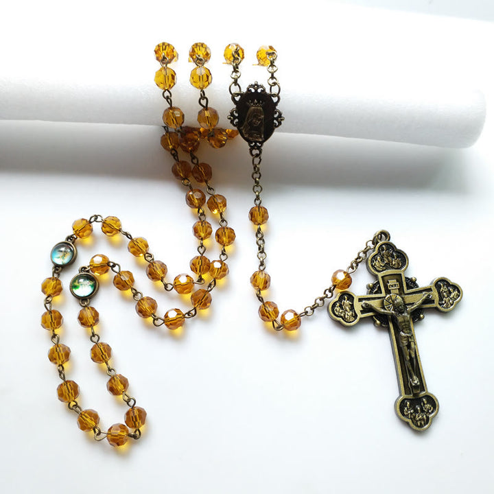 Christianartworkshop Rosenkranz mit Jungfrau Maria und Kruzifix, 8 mm, Polyeder, gelbe Glaslegierung