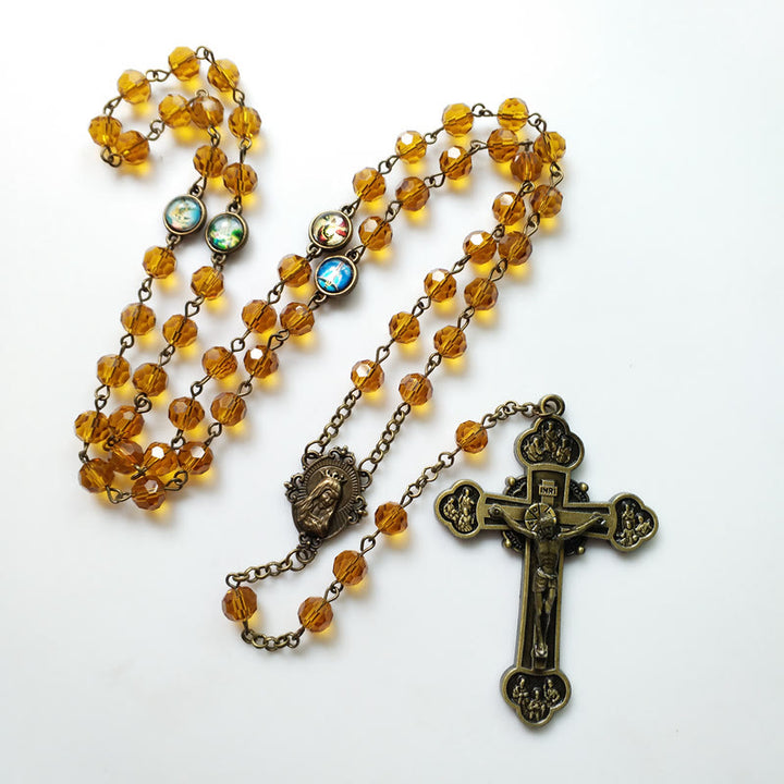 Christianartworkshop Rosenkranz mit Jungfrau Maria und Kruzifix, 8 mm, Polyeder, gelbe Glaslegierung