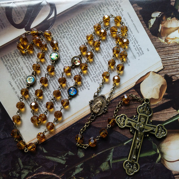 Christianartworkshop Rosenkranz mit Jungfrau Maria und Kruzifix, 8 mm, Polyeder, gelbe Glaslegierung