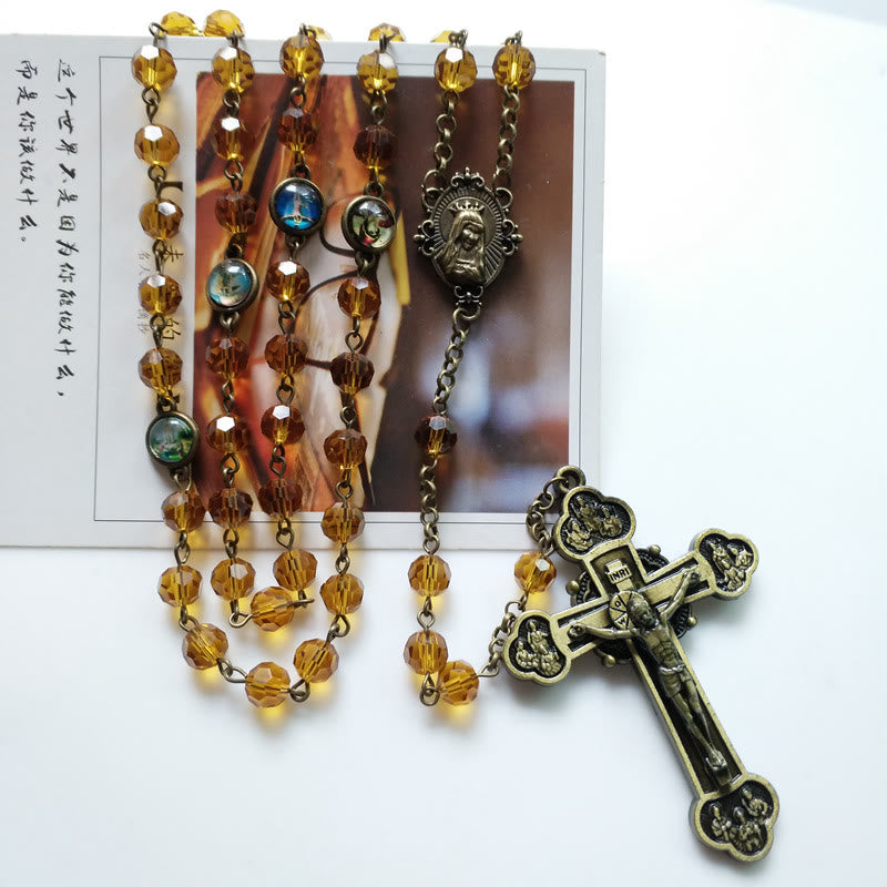 Christianartworkshop Rosenkranz mit Jungfrau Maria und Kruzifix, 8 mm, Polyeder, gelbe Glaslegierung