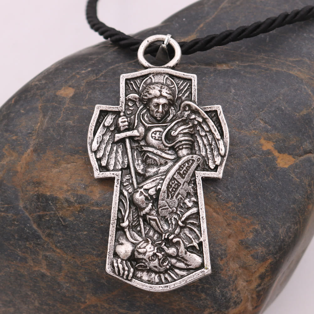 Christianartworkshop Halskette mit Anhänger aus Titan mit Medaille „Erzengel Michael, beschütze uns“ - Silber - Baumwollseil - image 0