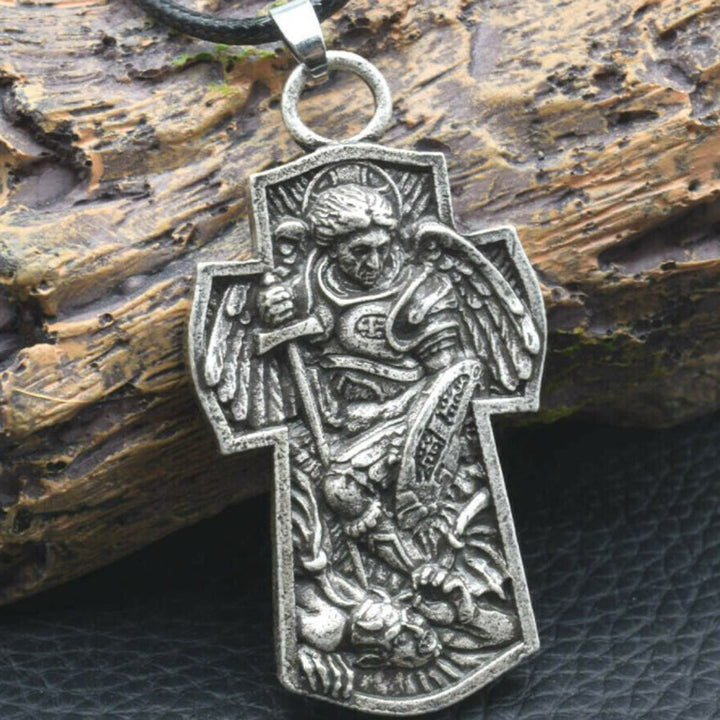 Christianartworkshop Halskette mit Anhänger aus Titan mit Medaille „Erzengel Michael, beschütze uns“ - Silber - Lederband - image 5