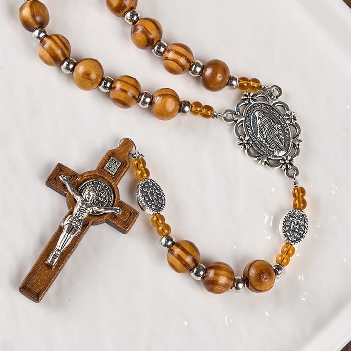 Christianartworkshop Wundertätige Medaille und Kruzifix aus 8 mm rundem Rosenkranz aus braunem Holz mit Nylonschnur