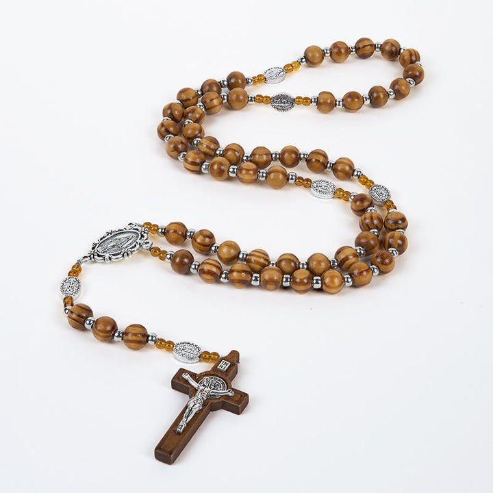 Christianartworkshop Wundertätige Medaille und Kruzifix aus 8 mm rundem Rosenkranz aus braunem Holz mit Nylonschnur