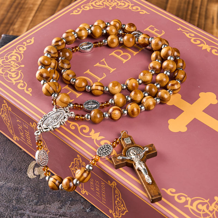 Christianartworkshop Wundertätige Medaille und Kruzifix aus 8 mm rundem Rosenkranz aus braunem Holz mit Nylonschnur