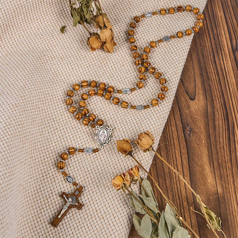 Christianartworkshop Wundertätige Medaille und Kruzifix aus 8 mm rundem Rosenkranz aus braunem Holz mit Nylonschnur