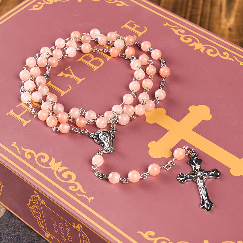 Christianartworkshop Rosenkranz „Unsere Liebe Frau vom Rosenkranz und Kruzifix“ aus 6 mm runder rosa Achat-Legierung
