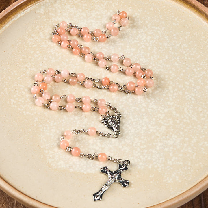 Christianartworkshop Rosenkranz „Unsere Liebe Frau vom Rosenkranz und Kruzifix“ aus 6 mm runder rosa Achat-Legierung
