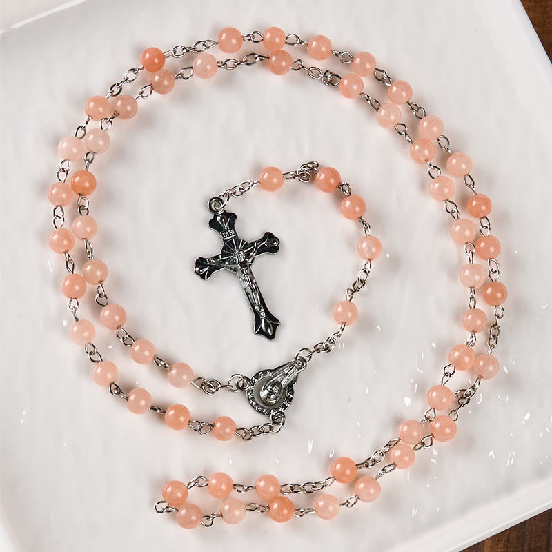 Christianartworkshop Rosenkranz „Unsere Liebe Frau vom Rosenkranz und Kruzifix“ aus 6 mm runder rosa Achat-Legierung
