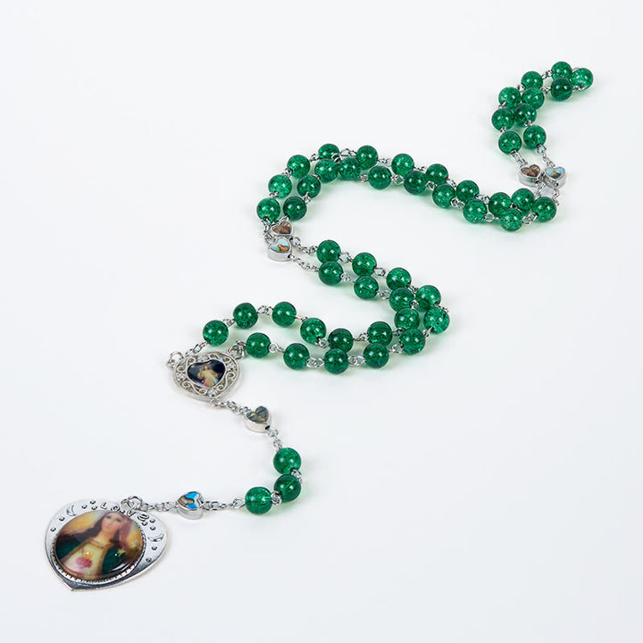 Christianartworkshop Doppelseitige Medaille mit Jesus und Maria und Heiligem Herzen Unserer Lieben Frau, 8 mm rund, grüne Glaslegierung, Rosenkranzkette