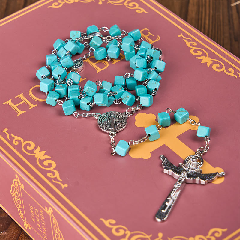 Christianartworkshop Rosenkranz mit unregelmäßigen Perlen in 2 Stilen, türkisfarbene Legierungskette mit Medaille Unserer Lieben Frau/St. Benedikt