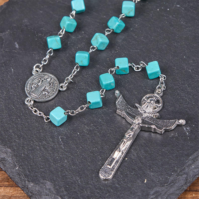 Christianartworkshop Rosenkranz mit unregelmäßigen Perlen in 2 Stilen, türkisfarbene Legierungskette mit Medaille Unserer Lieben Frau/St. Benedikt