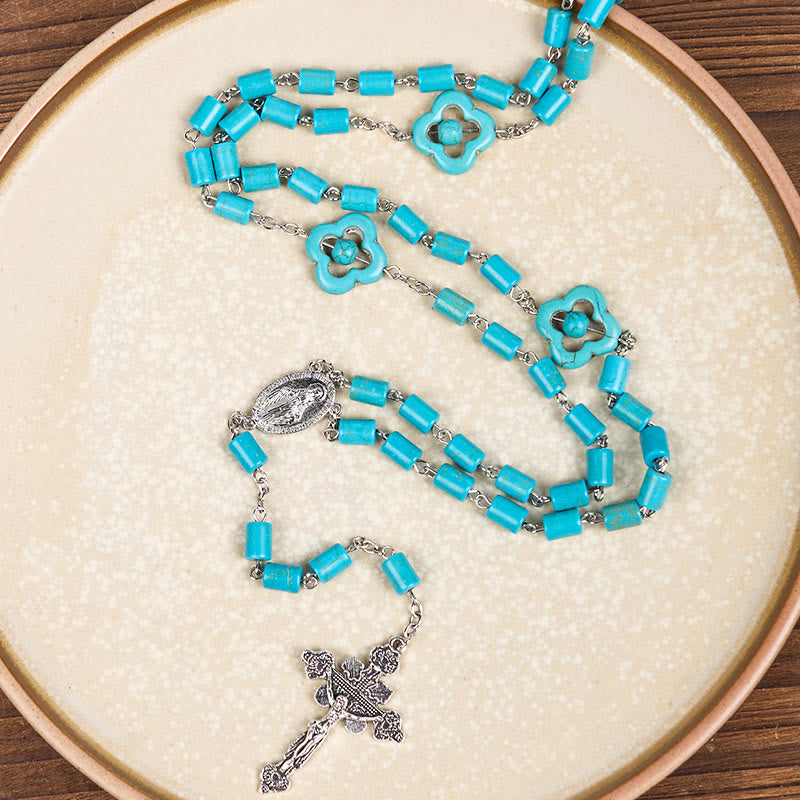Christianartworkshop Rosenkranz mit unregelmäßigen Perlen in 2 Stilen, türkisfarbene Legierungskette mit Medaille Unserer Lieben Frau/St. Benedikt
