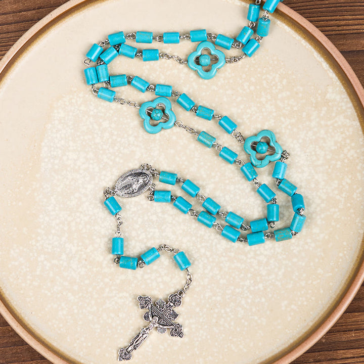 Christianartworkshop Rosenkranz mit unregelmäßigen Perlen in 2 Stilen, türkisfarbene Legierungskette mit Medaille Unserer Lieben Frau/St. Benedikt
