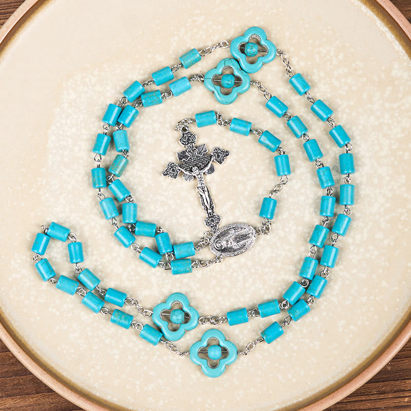 Christianartworkshop Rosenkranz mit unregelmäßigen Perlen in 2 Stilen, türkisfarbene Legierungskette mit Medaille Unserer Lieben Frau/St. Benedikt