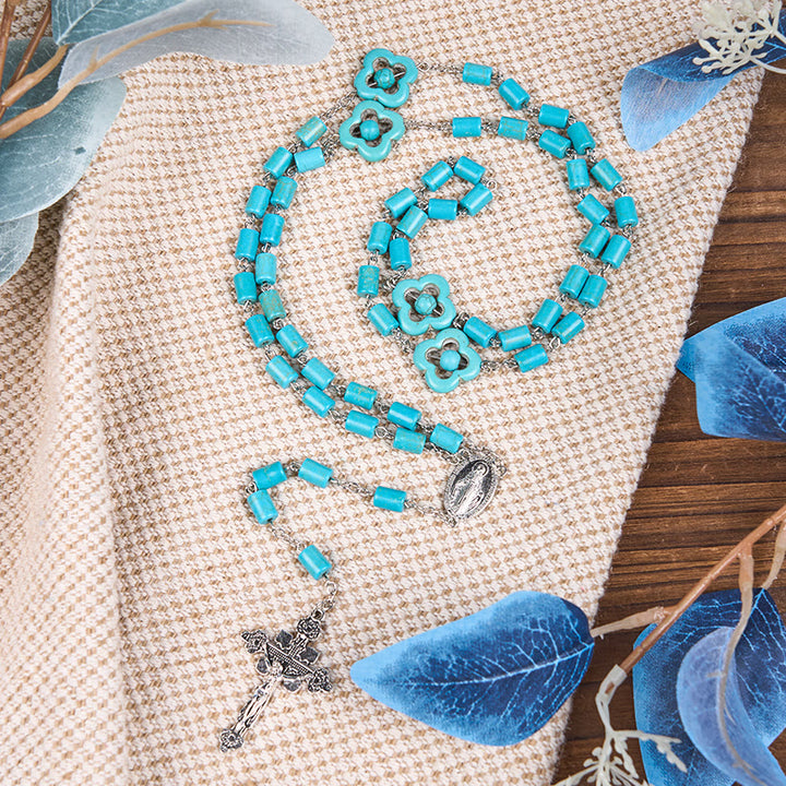 Christianartworkshop Rosenkranz mit unregelmäßigen Perlen in 2 Stilen, türkisfarbene Legierungskette mit Medaille Unserer Lieben Frau/St. Benedikt