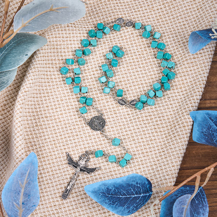 Christianartworkshop Rosenkranz mit unregelmäßigen Perlen in 2 Stilen, türkisfarbene Legierungskette mit Medaille Unserer Lieben Frau/St. Benedikt