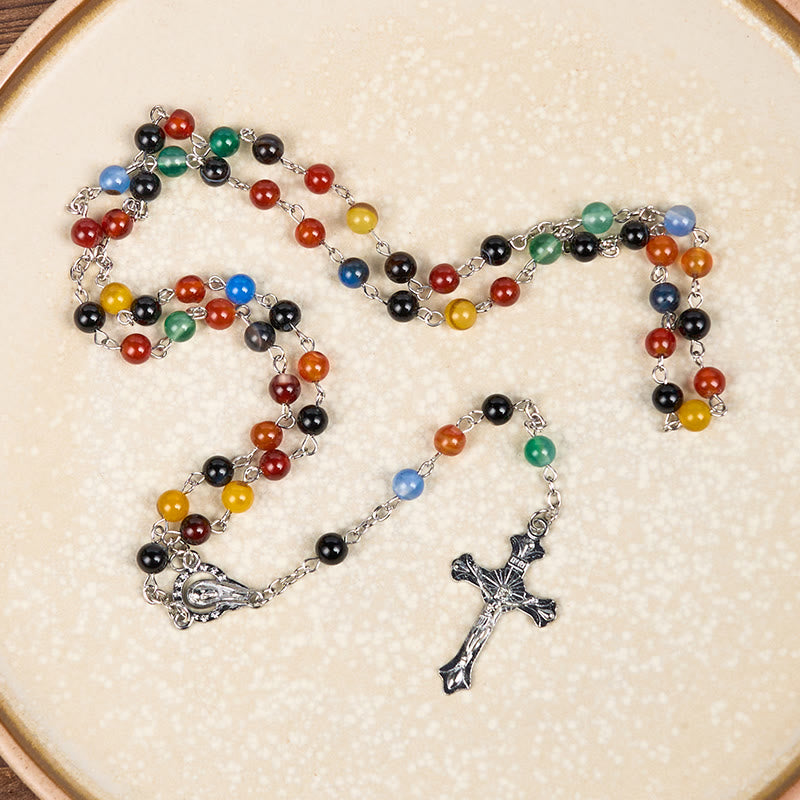 Christianartworkshop St. Benedikt-Medaille und Kruzifix aus 6/8 mm runder mehrfarbiger Achat-Legierung, Rosenkranzkette