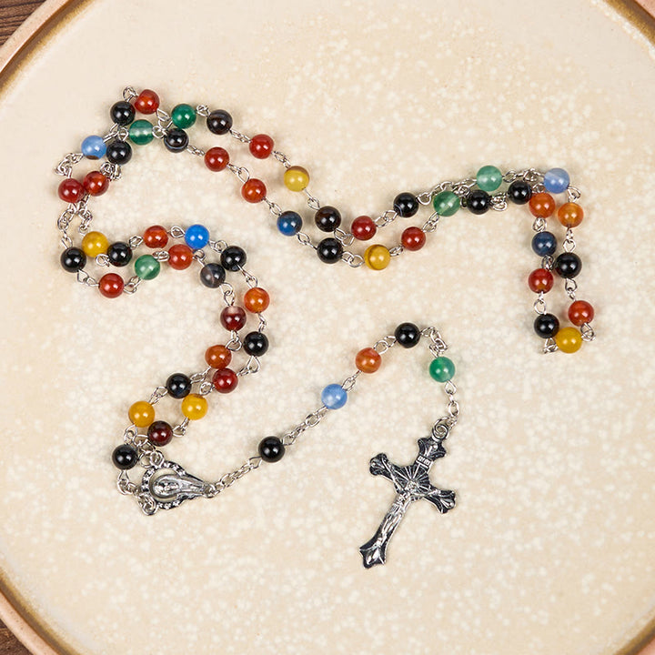 Christianartworkshop St. Benedikt-Medaille und Kruzifix aus 6/8 mm runder mehrfarbiger Achat-Legierung, Rosenkranzkette
