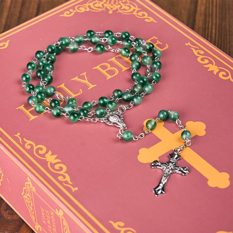 Christianartworkshop Rosenkranz „Unsere Liebe Frau vom Rosenkranz und Kruzifix“ aus 6 mm runder grüner Achatlegierung