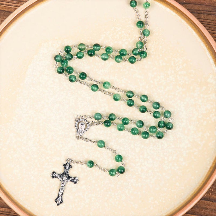 Christianartworkshop Rosenkranz „Unsere Liebe Frau vom Rosenkranz und Kruzifix“ aus 6 mm runder grüner Achatlegierung
