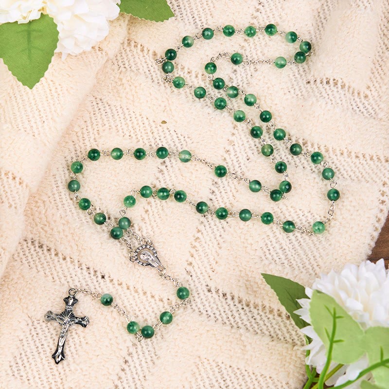 Christianartworkshop Rosenkranz „Unsere Liebe Frau vom Rosenkranz und Kruzifix“ aus 6 mm runder grüner Achatlegierung