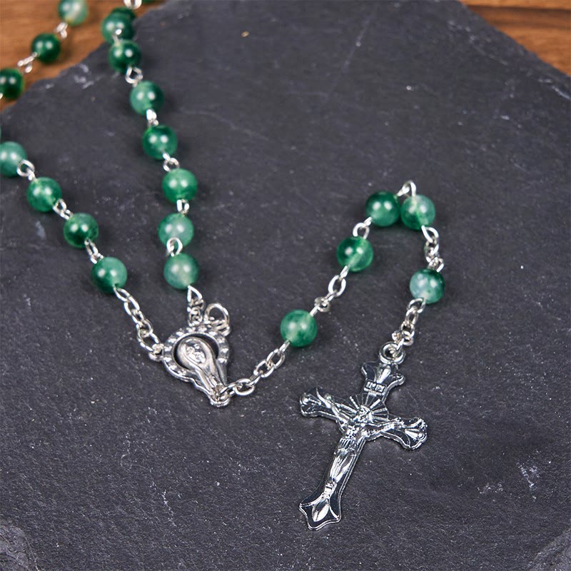 Christianartworkshop Rosenkranz „Unsere Liebe Frau vom Rosenkranz und Kruzifix“ aus 6 mm runder grüner Achatlegierung