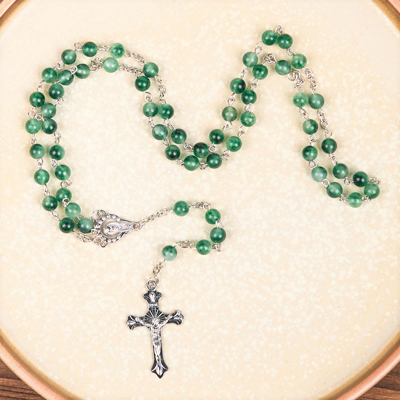 Christianartworkshop Rosenkranz „Unsere Liebe Frau vom Rosenkranz und Kruzifix“ aus 6 mm runder grüner Achatlegierung