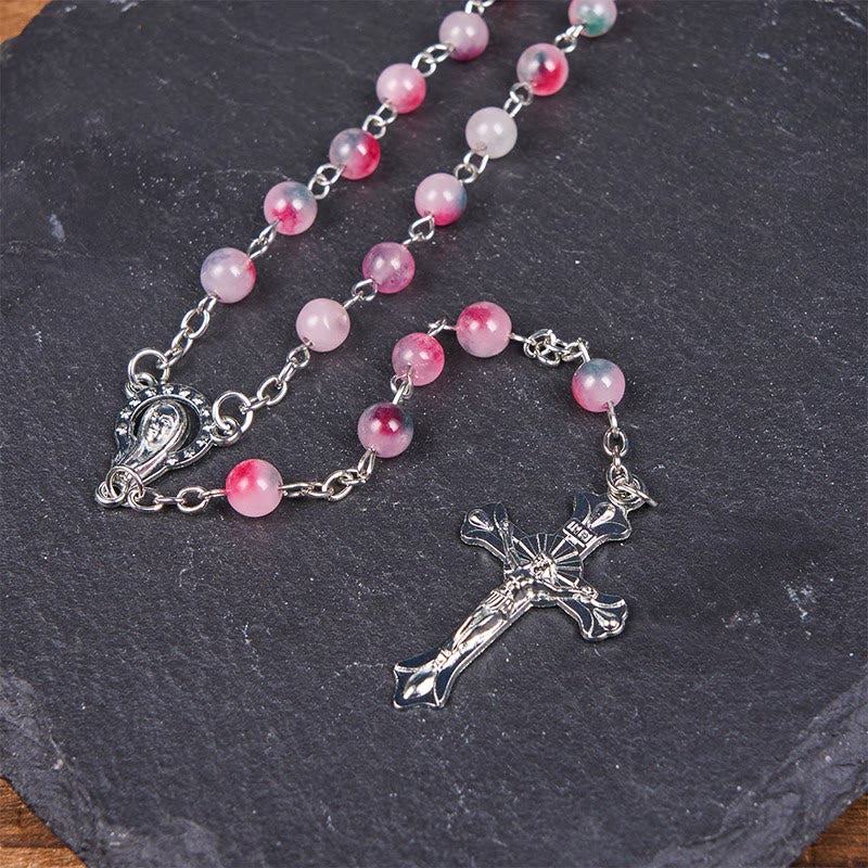 Christianartworkshop Rosenkranz „Unsere Liebe Frau vom Rosenkranz und Kruzifix“ aus einer runden, 6 mm großen, mehrfarbigen Achatlegierungskette