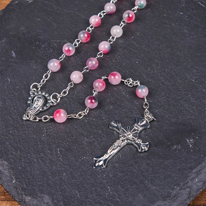 Christianartworkshop Rosenkranz „Unsere Liebe Frau vom Rosenkranz und Kruzifix“ aus einer runden, 6 mm großen, mehrfarbigen Achatlegierungskette