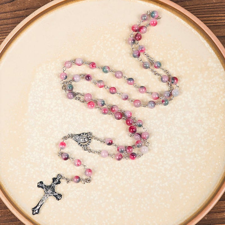 Christianartworkshop Rosenkranz „Unsere Liebe Frau vom Rosenkranz und Kruzifix“ aus einer runden, 6 mm großen, mehrfarbigen Achatlegierungskette