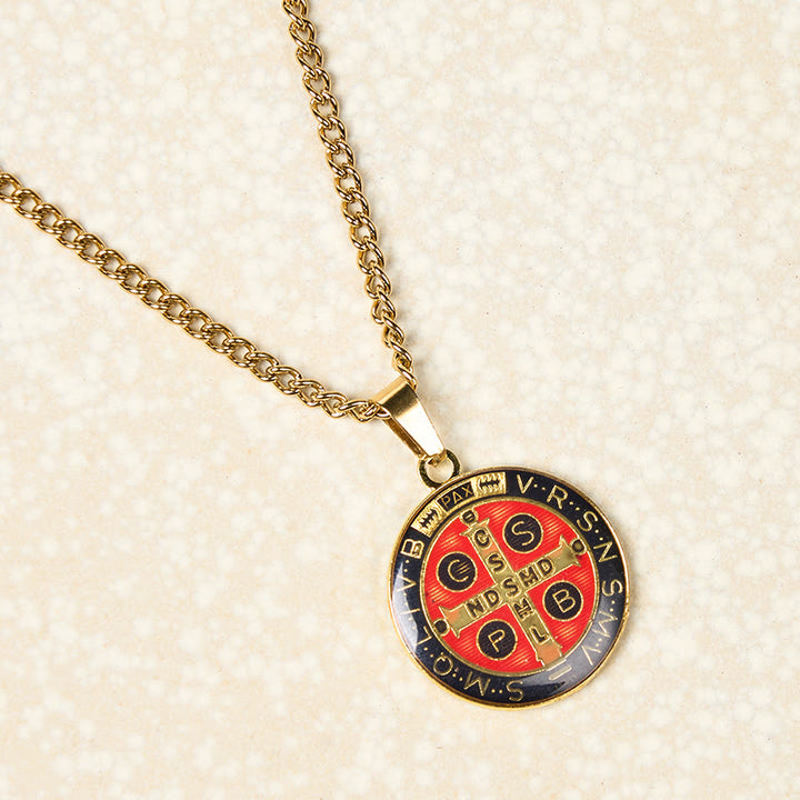 Christianartworkshop Halskette mit Anhänger im Retro-Stil mit dem Symbol des Heiligen Benedikt, Schutz und Glauben, 2 Farben