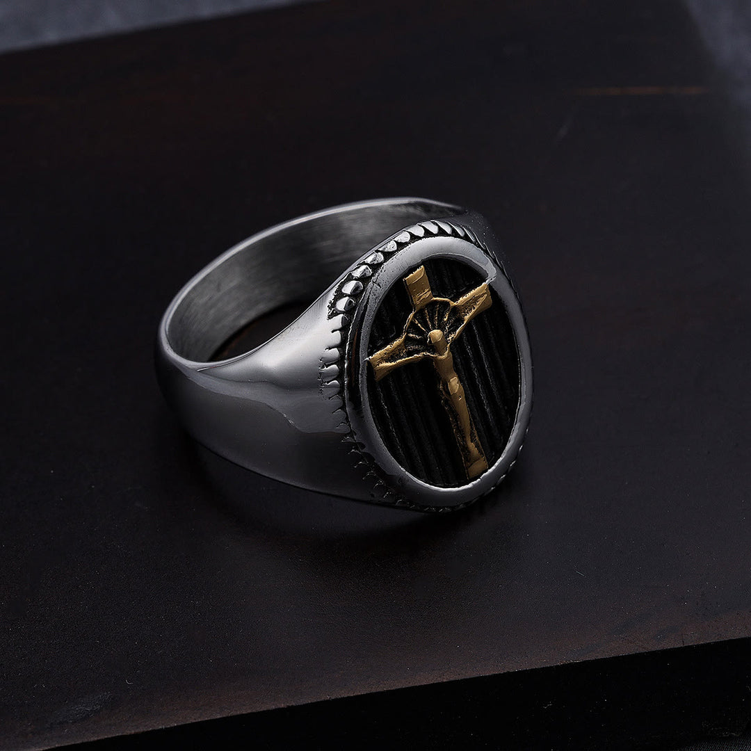 Christianartworkshop Titanring im Retro-Stil mit einfachem Kruzifix, Schutz und Stärke