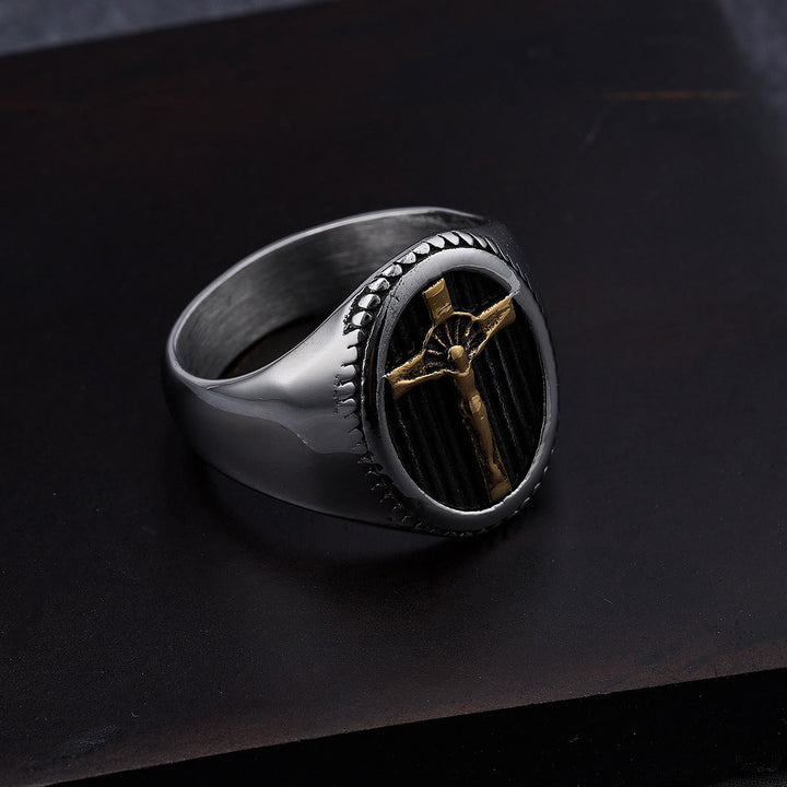 Christianartworkshop Titanring im Retro-Stil mit einfachem Kruzifix, Schutz und Stärke