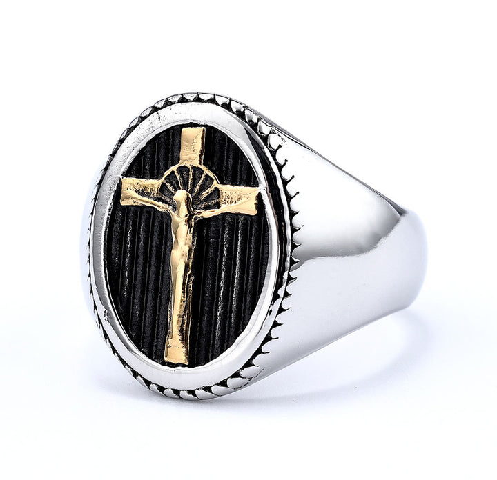 Christianartworkshop Titanring im Retro-Stil mit einfachem Kruzifix, Schutz und Stärke