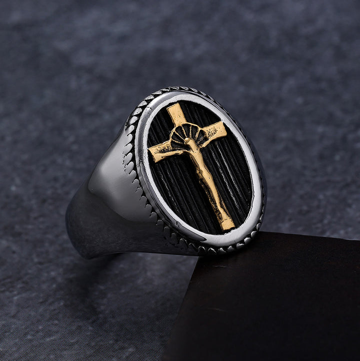 Christianartworkshop Titanring im Retro-Stil mit einfachem Kruzifix, Schutz und Stärke