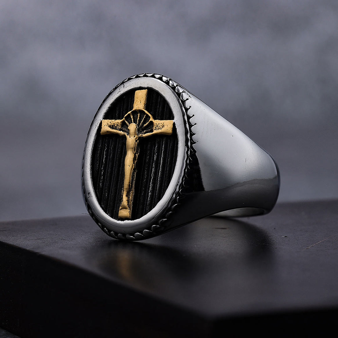Christianartworkshop Titanring im Retro-Stil mit einfachem Kruzifix, Schutz und Stärke