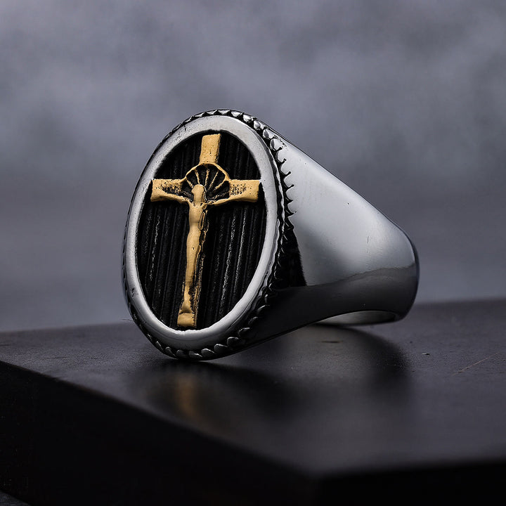 Christianartworkshop Titanring im Retro-Stil mit einfachem Kruzifix, Schutz und Stärke