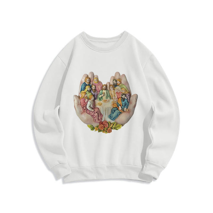 Christianartworkshop Moderner, farbiger Stil „Das letzte Abendmahl in Gottes Händen“ Polyester-Sweatshirt mit Fleecefutter