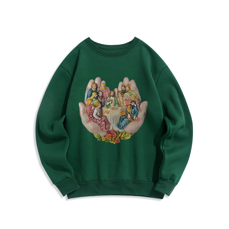 Christianartworkshop Moderner, farbiger Stil „Das letzte Abendmahl in Gottes Händen“ Polyester-Sweatshirt mit Fleecefutter