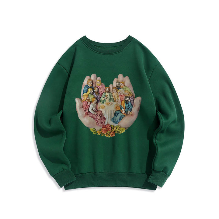 Christianartworkshop Moderner, farbiger Stil „Das letzte Abendmahl in Gottes Händen“ Polyester-Sweatshirt mit Fleecefutter