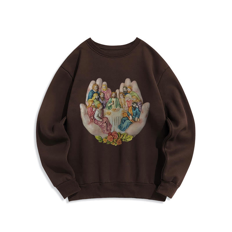 Christianartworkshop Moderner, farbiger Stil „Das letzte Abendmahl in Gottes Händen“ Polyester-Sweatshirt mit Fleecefutter